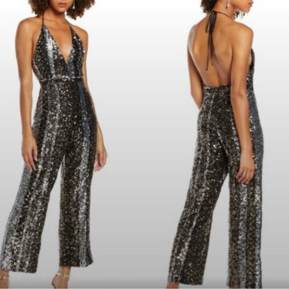 Bardot Black and Silver sequin halter jumpsuit